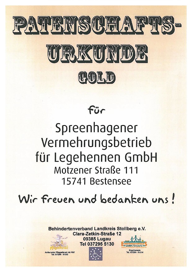Patenschaftsurkunde Gold für Spreenhagener Vermehrungsbetrieb für Legehennen GmbH
